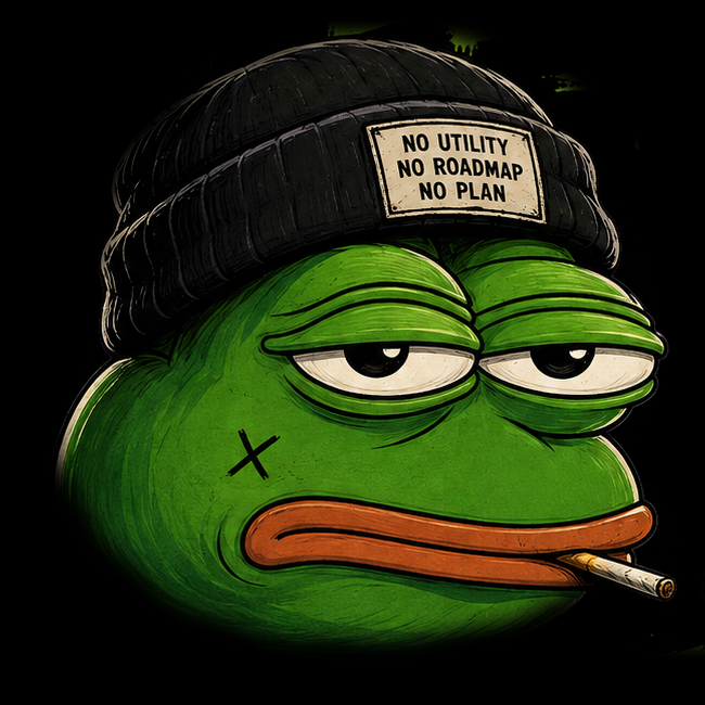 Useless Pepe: a bored Pepe in a beanie reading NO UTILITY, NO ROADMAP, NO PLAN